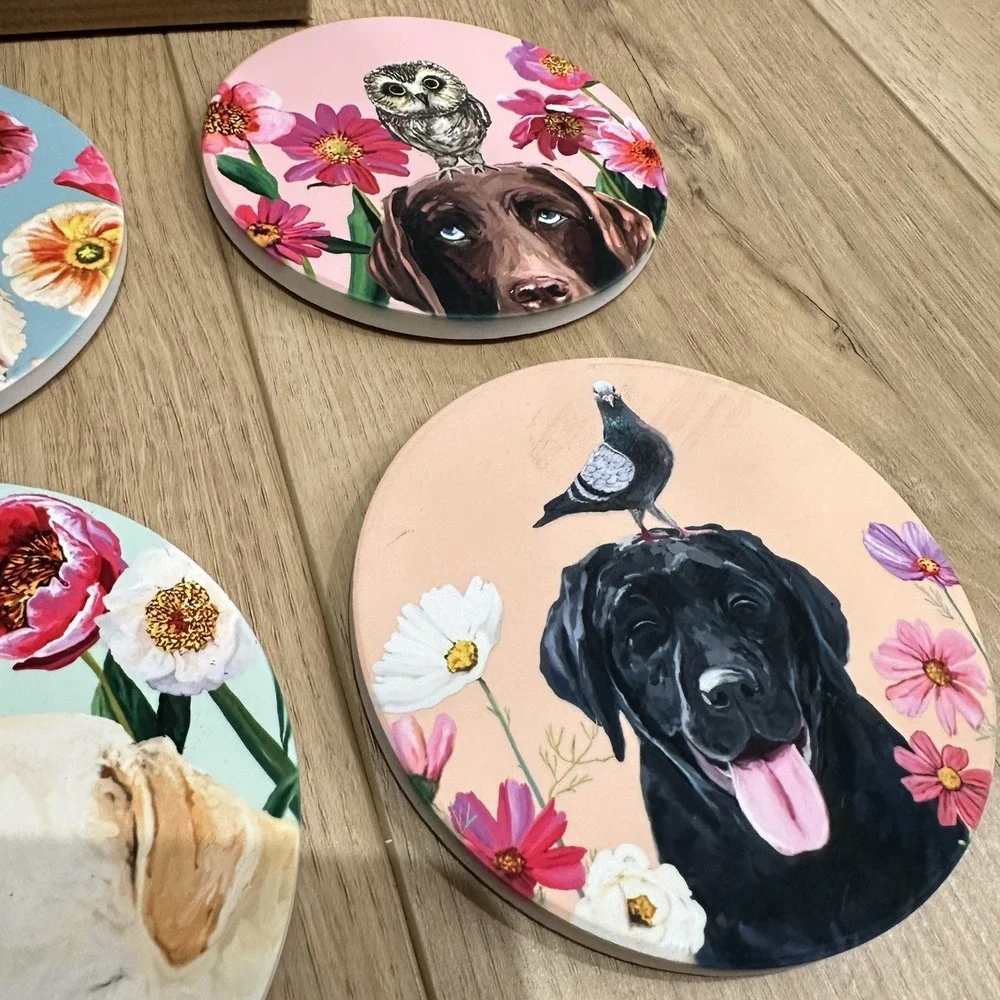 New In Box‎ Whimsical Colorful Ceramic Labrador Retriever Coaster Set 4 Handmade